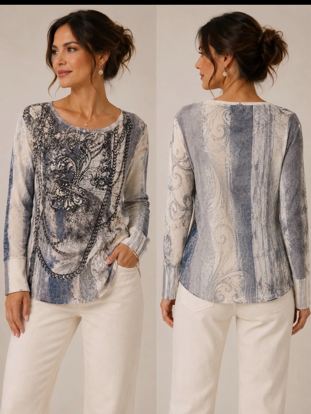 Cache Blue and Cream Printed Long Sleeve Top
